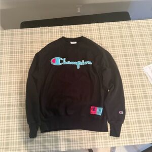 Champion Black Crewneck Sweatshirt with Aqua and Pink Logo